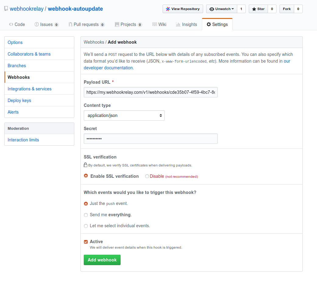 set webhook destination set webhook destination