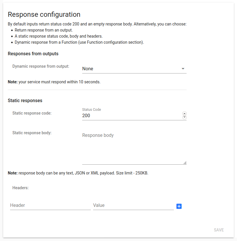 Input URL response configuration Input URL response configuration