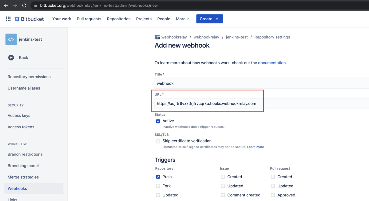 Bitbucket webhook configuration section Bitbucket webhook configuration section